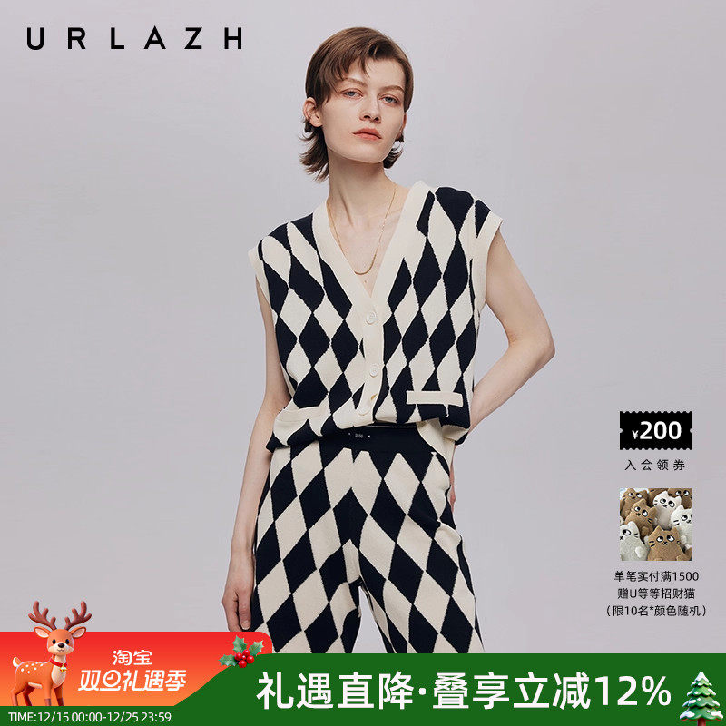 urlazh有兰复古黑白格纹针织开衫