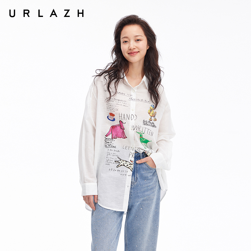 urlazh/有兰白色休闲棉麻衬衫