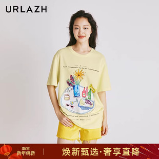 简约纯棉短袖 复古印花宽松圆领休闲时尚 t恤女 法式 URLAZH有兰新款