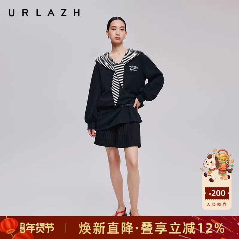 URLAZH有兰秋季新款减龄学院风廓形海军领条纹披肩卫衣连衣裙女