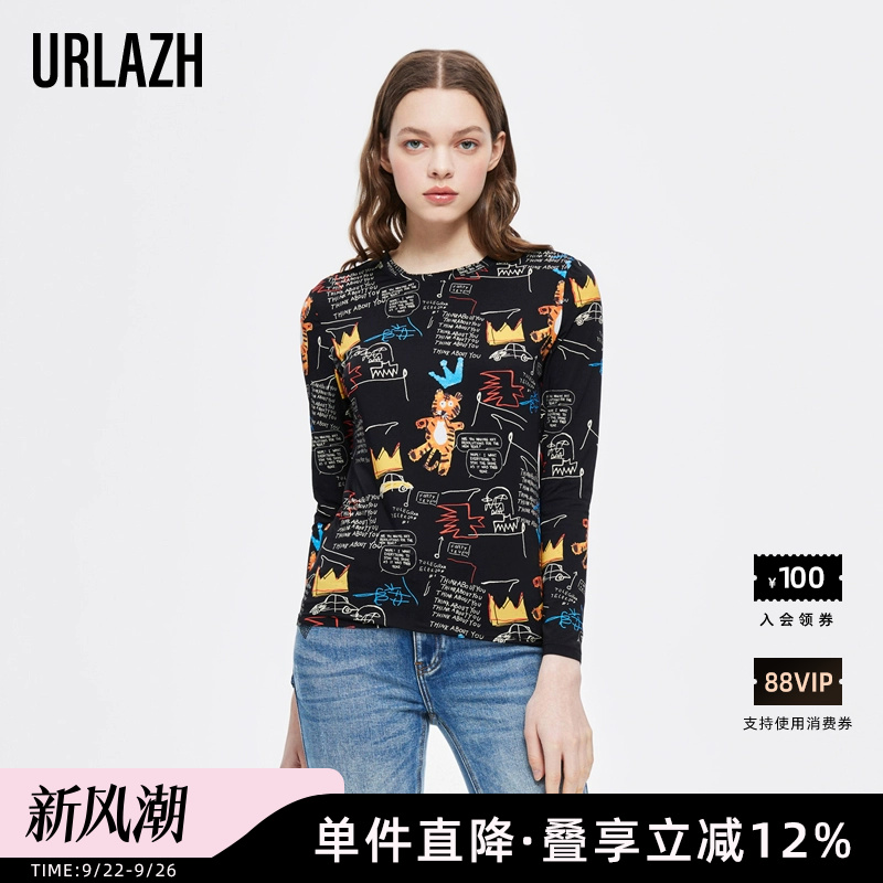 URLAZH有兰秋季新款趣味童趣涂鸦圆领长袖t恤女修身显瘦打底衫女