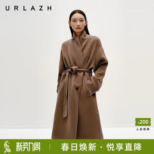 棕色羊毛大衣外套女 复古气质百搭纯色系带长款 URLAZH有兰冬季 新款