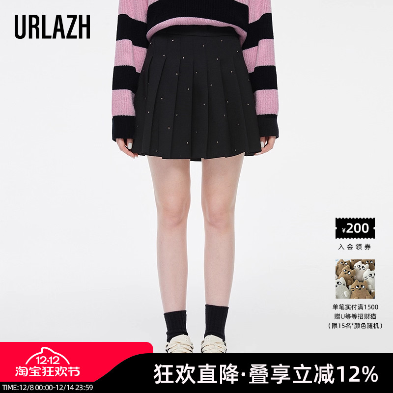 有兰小香风冬季黑色半裙百褶裙