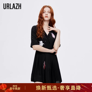 短袖 领黑色简约时尚 连衣裙女 复古洋气西装 URLAZH有兰新款