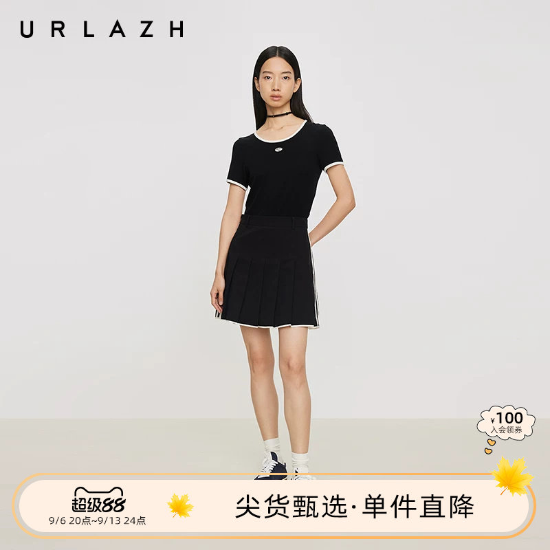 URLAZH有兰夏季新款气质百搭短裙黑色减龄少女活力网球百褶裙半裙