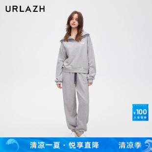 URLAZH有兰春季 女 新款 设计感简约灰色休闲宽松运动绣花百搭卫裤