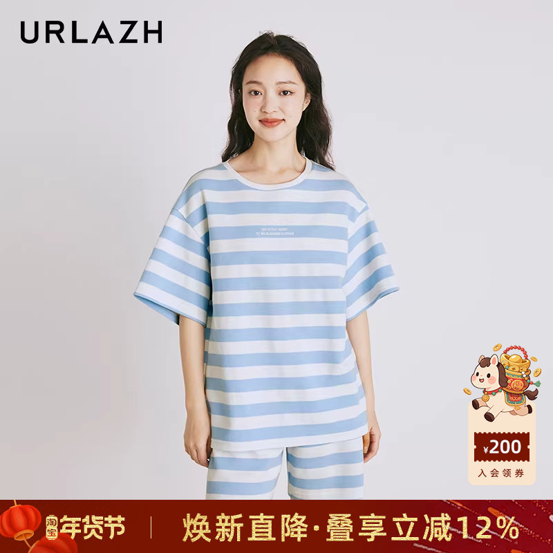 URLAZH有兰新款复古蓝白水波条纹宽松休闲百搭简约字母短袖T恤女,女装/女士精品,T恤,淘宝优惠券,粉丝福利购,淘宝优惠卷