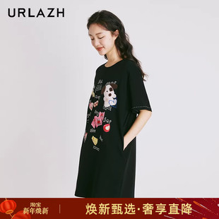 URLAZH有兰新款 连衣裙女圆领T恤裙 涂鸦印花复古黑色宽松休闲短袖