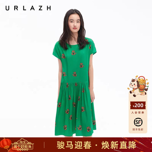 URLAZH有兰夏季新款萌趣U等等招财猫桑蚕丝休闲短袖圆领连衣裙女