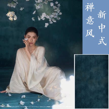 新中式禅意风背景布蓝绿色复古仙气飘逸影楼摄影服装道具油画肌理