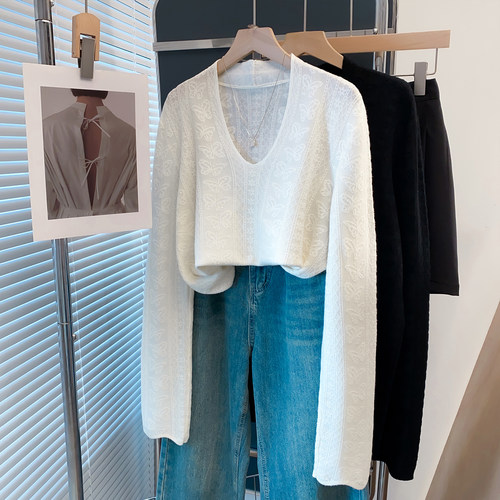 羊毛蕾丝v领毛衣女打底衫潮上衣