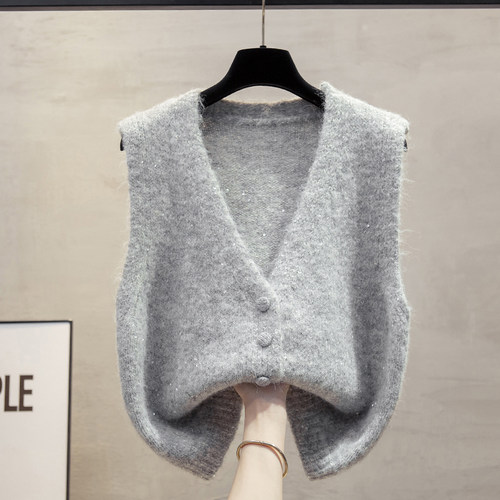 羊毛亮片开衫针织马甲女毛衣坎肩