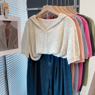 镂空连帽针织衫女2025夏装新款宽松慵懒风上衣薄款洋气中袖t恤衫