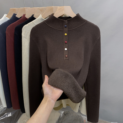 开襟半高领毛衣女弹力内搭打底衫