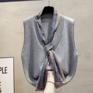 丝带v领针织马甲背心女2025秋冬新款 宽松外穿马夹叠穿毛衣坎肩潮