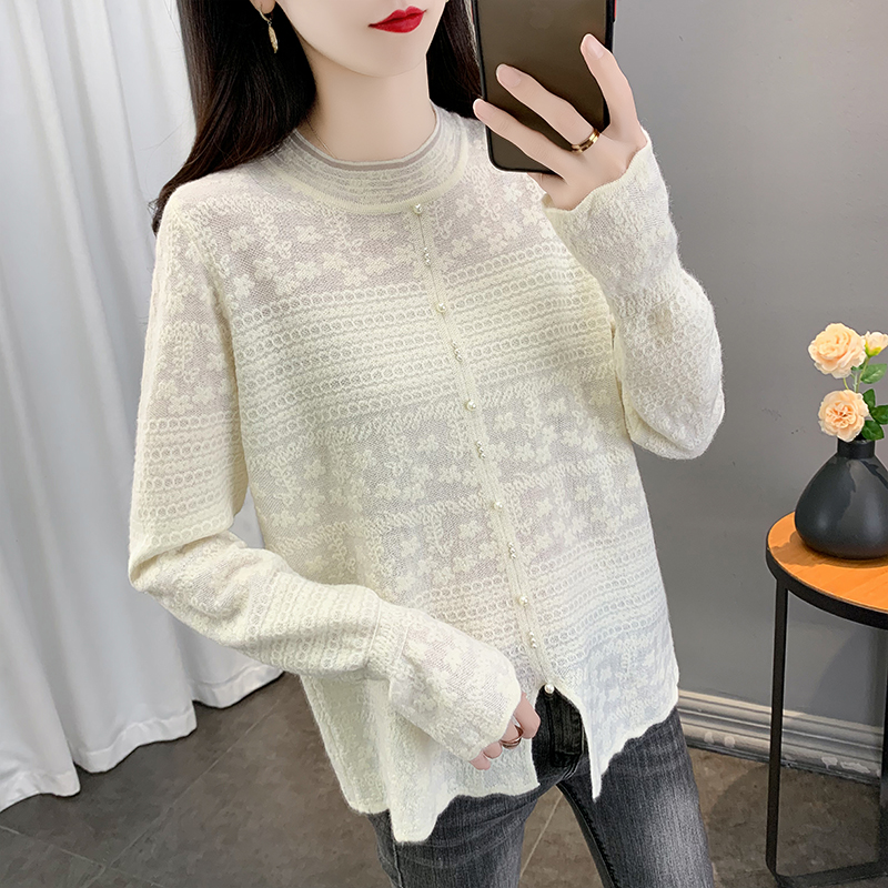 半高领毛衣女蕾丝打底衫2025秋冬新款套头钉珠外穿针织衫内搭上衣