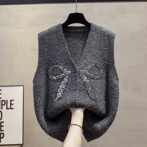 羊毛亮片开衫针织马甲女毛衣坎肩