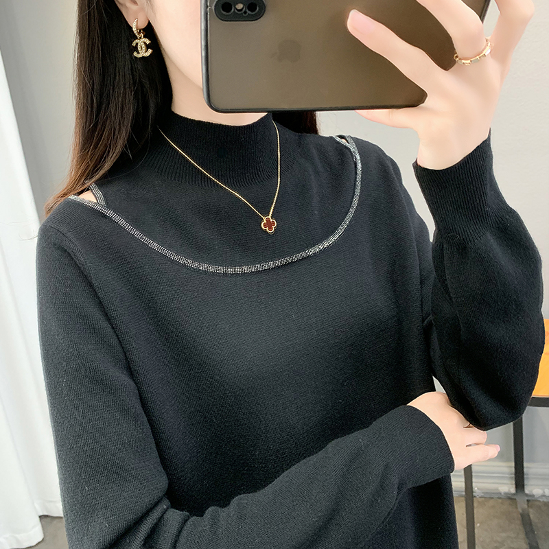 羊毛半高领毛衣镂空烫钻打底衫潮