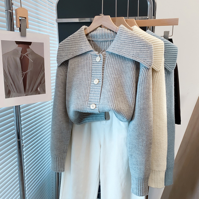 大翻领毛衣外套宽松洋气针织开衫