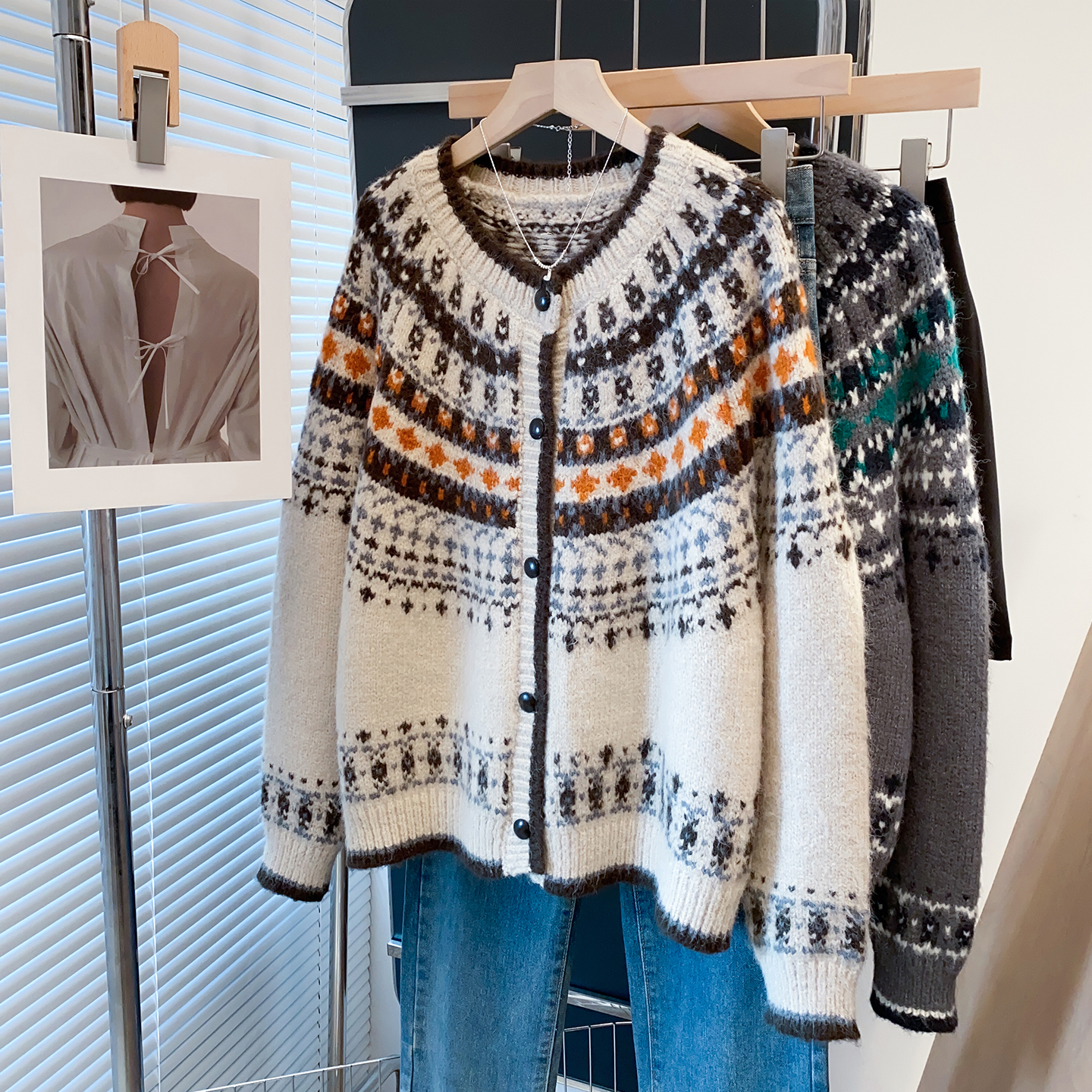 圆领费尔岛毛衣外套女2025秋冬新款宽松慵懒风上衣加厚针织开衫潮