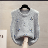 手工绣花圆领针织马甲背心女2025秋冬新款 宽松外穿马夹毛衣坎肩潮