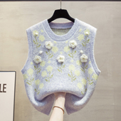 手工花圆领针织马甲背心女2025秋冬新款 宽松外穿马夹叠穿毛衣坎肩