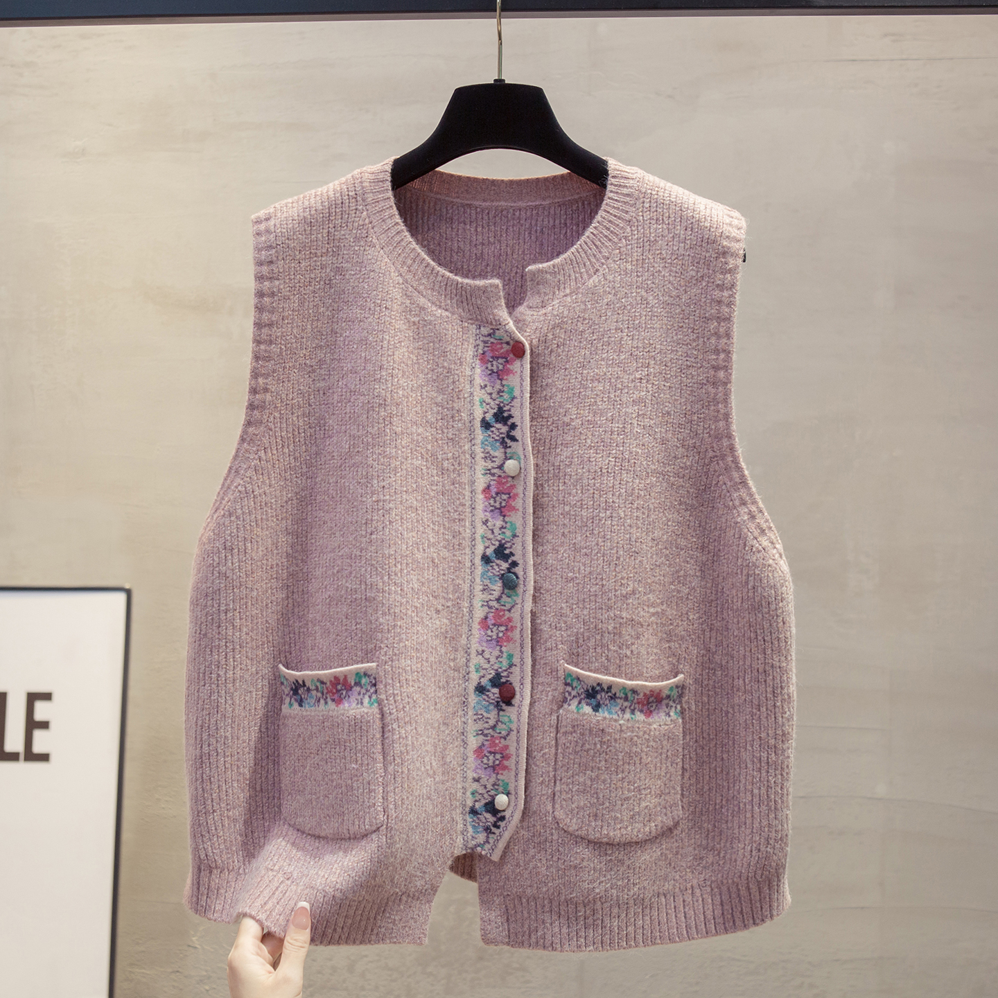 花纱圆领开衫针织马甲女毛衣坎肩