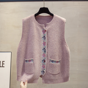 花纱圆领针织开衫马甲背心女2025秋冬新款宽松外穿马夹毛衣坎肩潮