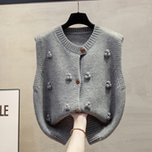 手工球开衫 宽松马夹叠穿毛衣坎肩 圆领针织马甲背心女2025秋冬新款