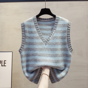 花纱v领绣花条纹针织马甲背心女2025秋装新款宽松马夹毛衣坎肩潮