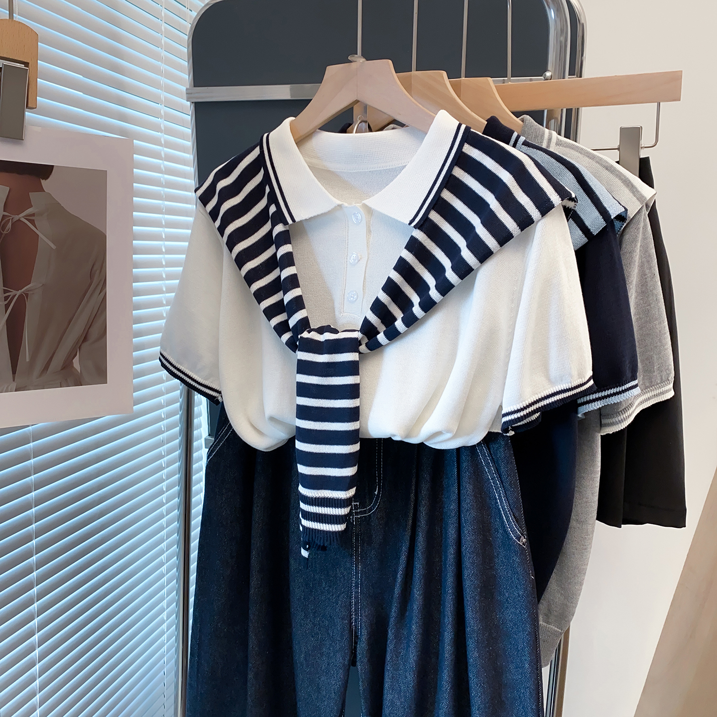 条纹polo领针织衫女披肩两件套潮