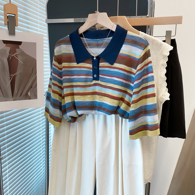 polo领条纹竹节麻针织衫女薄T恤