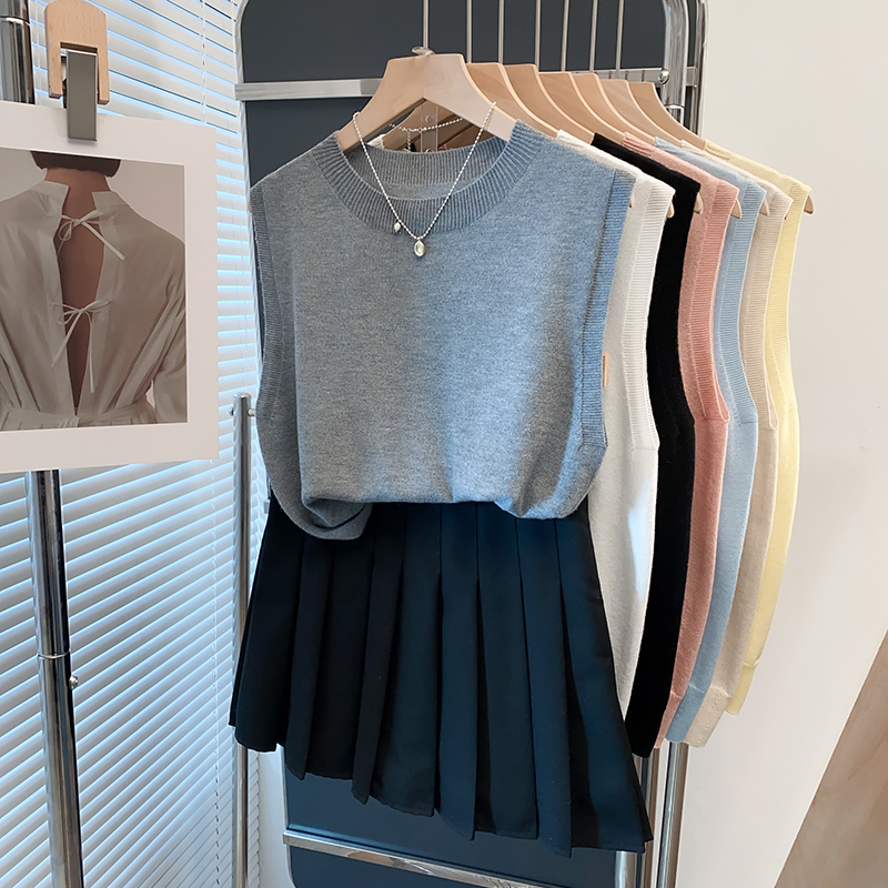 羊毛圆领针织衫背心女无袖t恤衫