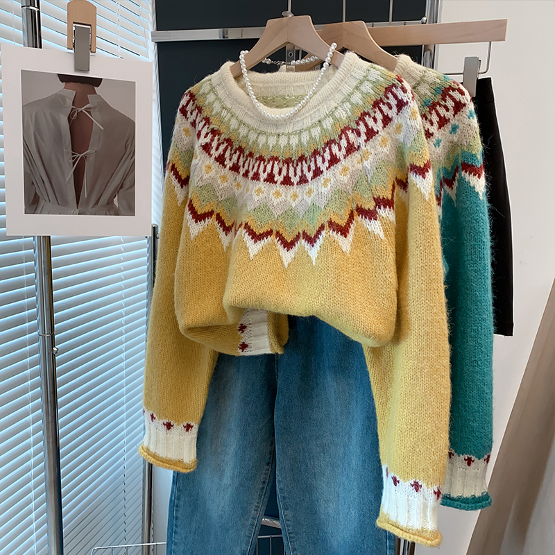 羊毛圆领毛衣宽松针织衫厚打底衫