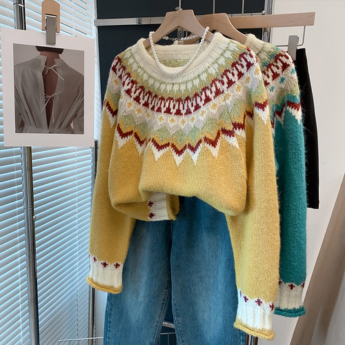 羊毛圆领毛衣宽松针织衫厚打底衫