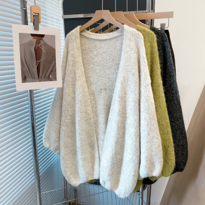 羊毛灯笼袖中长款毛衣外套厚开衫