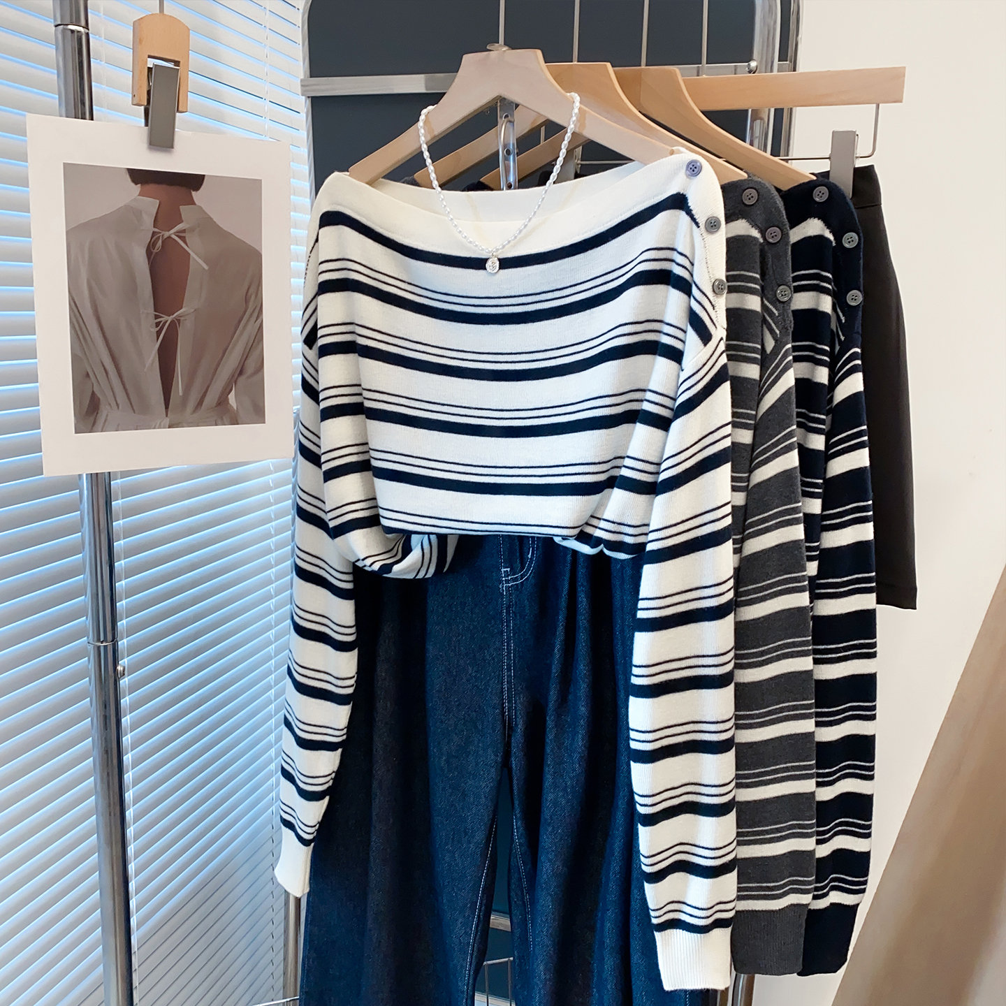 羊毛一字领条纹毛衣女打底针织衫