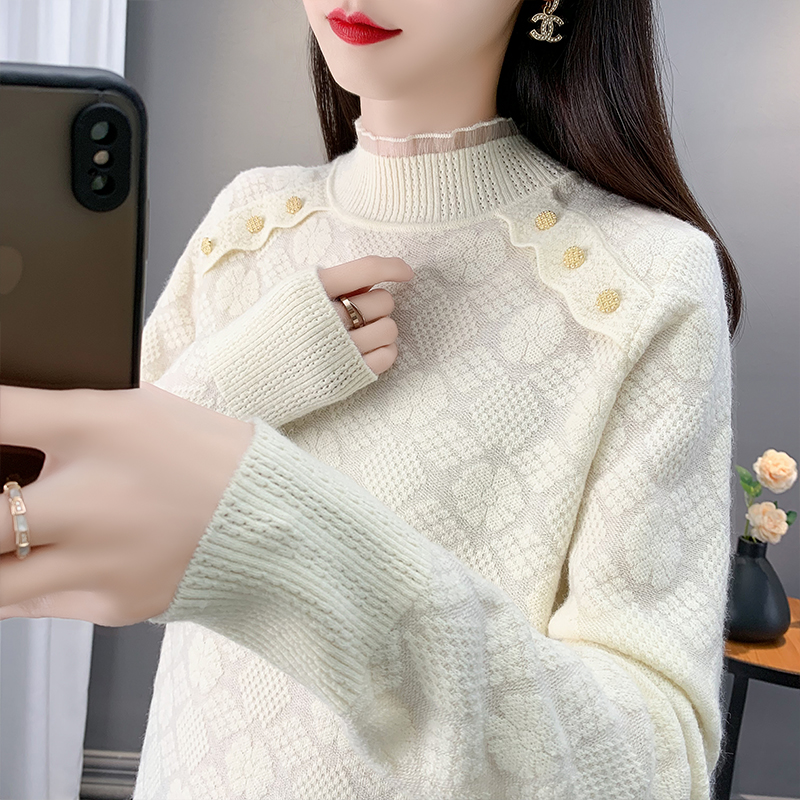 羊毛蕾丝半高领毛衣女内搭打底衫