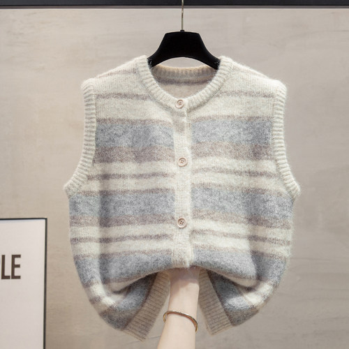 条纹羊毛开衫针织马甲女毛衣坎肩