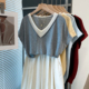 女2025夏装 新款 宽松慵懒风上衣薄短袖 v领假两件落肩针织衫 T恤衫 潮