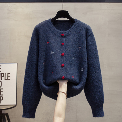 羊毛绣花圆领毛衣外套女针织开衫