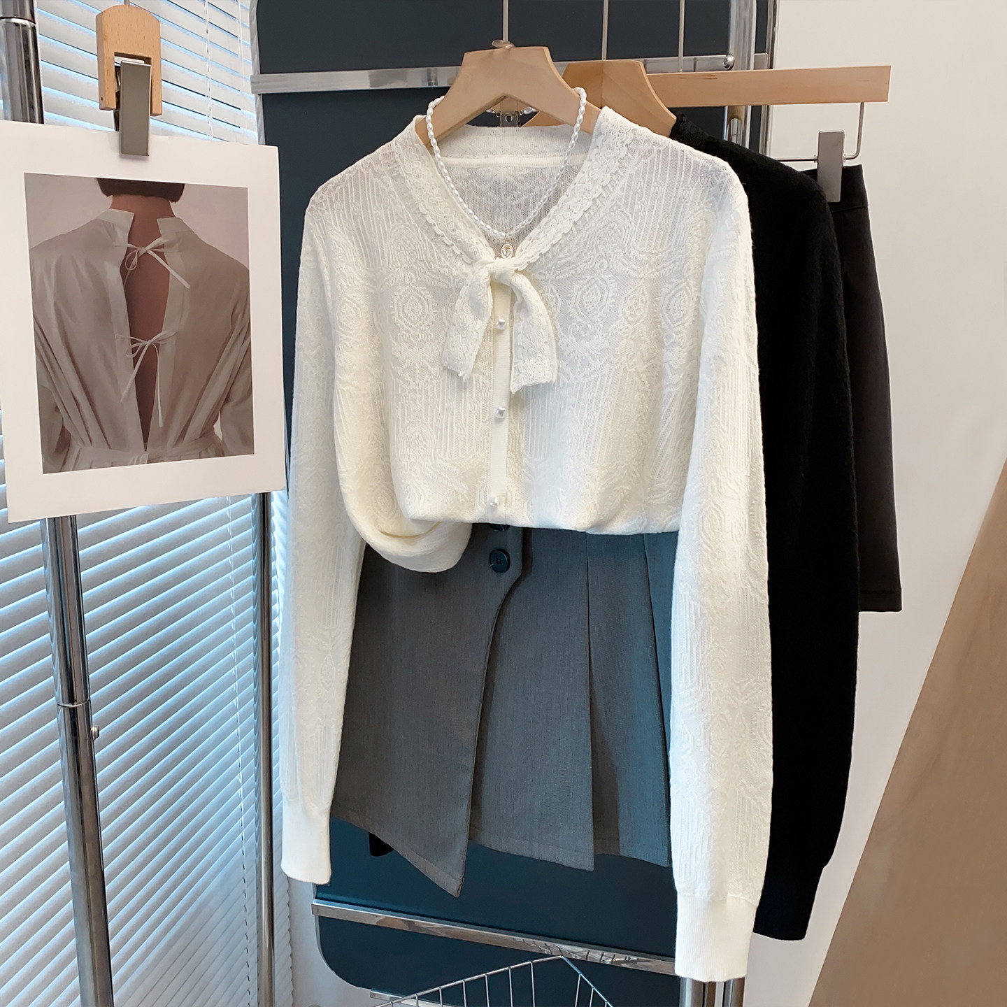 蕾丝领结领毛衣女打底衫2026春秋冬新款宽松外穿针织衫内搭上衣潮