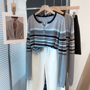 潮 宽松慵懒风外穿上衣镂空针织衫 条纹开衫 圆领毛衣女2026春秋新款