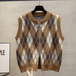 开衫 宽松马夹叠穿毛衣坎肩 菱格纹圆领针织马甲背心女2025秋冬新款