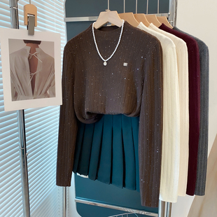 内搭洋气上衣 外穿针织衫 亮片半高领毛衣女坑条打底衫 2025秋冬新款