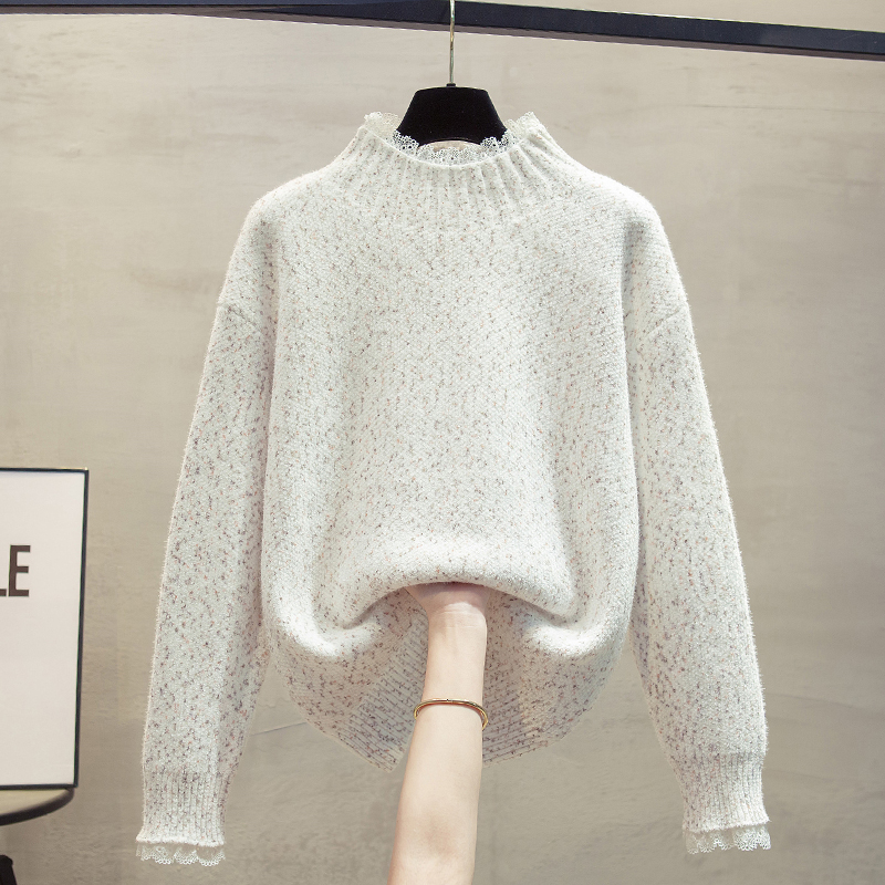 蕾丝半高领毛衣女水貂绒厚打底衫