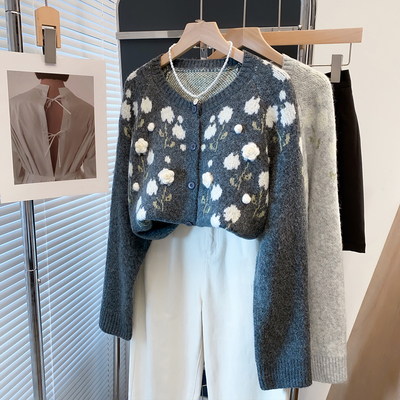 羊毛手工花毛衣外套宽松针织开衫