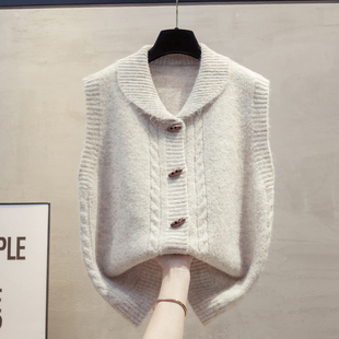 翻领牛角扣开衫针织马甲背心女2025秋冬新款宽松外穿马夹毛衣坎肩