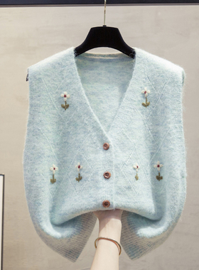 手工花开衫v领针织马甲背心女2025秋冬新款宽松外穿马夹毛衣坎肩