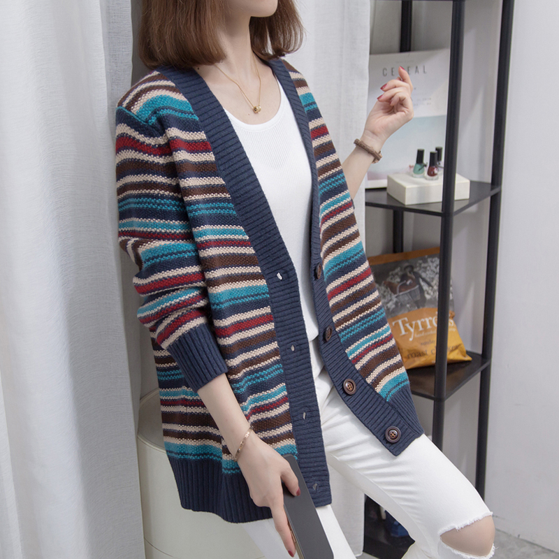 v领条纹针织开衫宽松毛衣外套潮